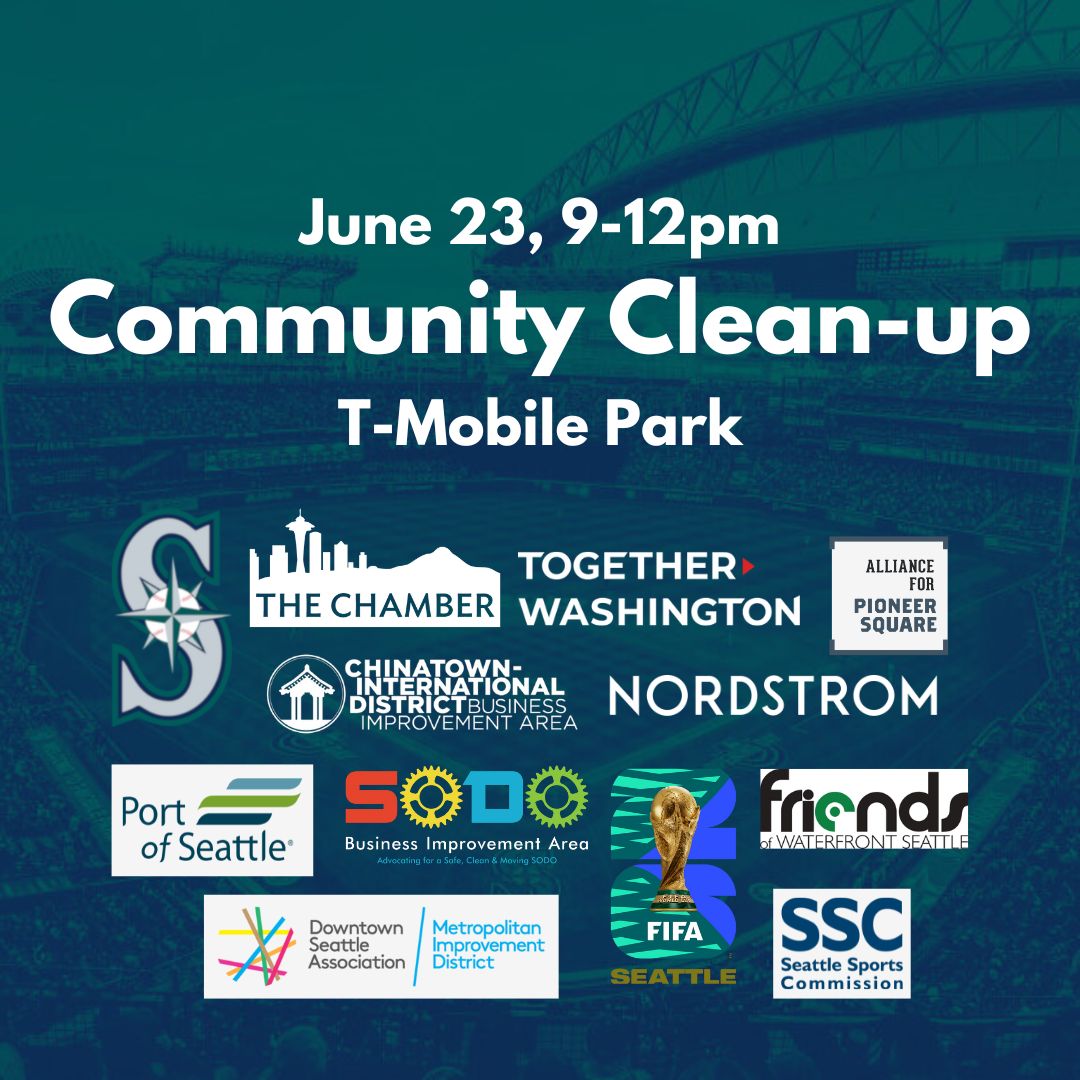 Graphic shows Partners in Community Cleanup event including Mariners, Seattle Chamber, Together Washinton, SoDo BIA, and many more.